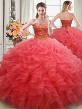 Extravagant Coral Red Quinceanera Dress Military Ball and Sweet 16 and Quinceanera with Beading and Ruffles Sweetheart Sleeveless Lace Up