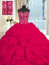  Sleeveless Beading and Ruffles Lace Up Quinceanera Dresses with Red Brush Train