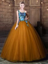 Smart Ball Gowns Sweet 16 Quinceanera Dress Brown One Shoulder Tulle Sleeveless Floor Length Lace Up