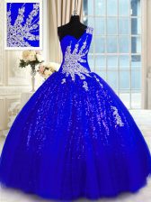 Hot Selling One Shoulder Tulle and Sequined Sleeveless Floor Length Quinceanera Dresses and Appliques