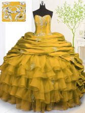 Suitable Sleeveless With Train Beading and Appliques and Ruffled Layers and Pick Ups Lace Up Quinceanera Gowns with Gold Brush Train