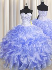  Visible Boning Zipper Up Ball Gowns Quinceanera Gowns Lavender Sweetheart Organza Sleeveless Floor Length Zipper