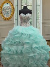 Fancy Apple Green Ball Gowns Organza Sweetheart Sleeveless Beading and Ruffles Floor Length Lace Up Quince Ball Gowns