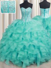 Sleeveless Beading and Ruffles Lace Up Quinceanera Dress with Turquoise