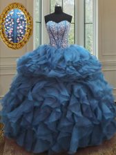 Great Teal Organza Lace Up Quinceanera Gown Sleeveless Floor Length Beading and Ruffles
