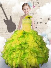  Yellow Green Sleeveless Floor Length Beading and Ruffles Lace Up Little Girls Pageant Dress Wholesale