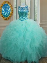 Low Price Scoop Turquoise Tulle Lace Up Quinceanera Gown Sleeveless Floor Length Beading and Ruffles