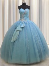 Dynamic Sequins Bowknot Ball Gowns Sweet 16 Dress Baby Blue Sweetheart Tulle Sleeveless Floor Length Lace Up