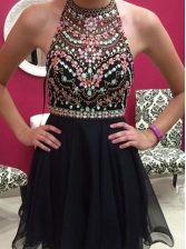  Black A-line Chiffon Halter Top Sleeveless Beading Mini Length Side Zipper Prom Party Dress