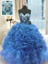 Graceful Blue Ball Gowns Organza Sweetheart Sleeveless Beading and Ruffles Floor Length Lace Up 15th Birthday Dress