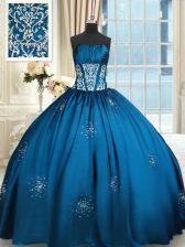  Blue and Teal Vestidos de Quinceanera Military Ball and Sweet 16 and Quinceanera with Beading and Appliques and Ruching Strapless Sleeveless Lace Up