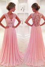  Chiffon V-neck Sleeveless Sweep Train Side Zipper Lace Prom Dresses in Pink