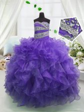  Floor Length Eggplant Purple Child Pageant Dress Organza Sleeveless Beading and Ruffles