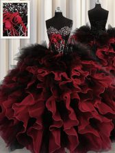  Sleeveless Organza and Tulle Floor Length Lace Up Sweet 16 Dresses in Red And Black with Beading and Ruffles
