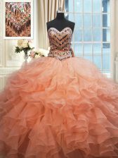 Hot Selling Beaded Bodice Organza Sweetheart Sleeveless Lace Up Beading and Ruffles Sweet 16 Dresses in Orange and Peach
