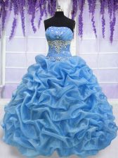 Fantastic Blue Strapless Neckline Beading Sweet 16 Dress Sleeveless Lace Up