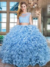  Scoop Cap Sleeves Sweet 16 Dress Floor Length Beading and Appliques and Ruffles Baby Blue Organza