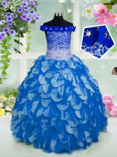  Sequins Floor Length Blue Little Girl Pageant Gowns Off The Shoulder Short Sleeves Lace Up