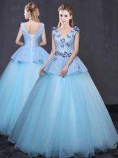 Fine Tulle V-neck Sleeveless Lace Up Appliques Sweet 16 Dress in Light Blue