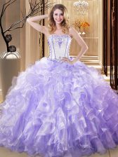  Lavender Strapless Neckline Embroidery and Ruffles 15th Birthday Dress Sleeveless Lace Up