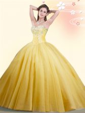 Vintage Sleeveless Tulle Floor Length Lace Up Sweet 16 Dress in Gold with Beading