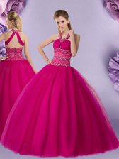 Adorable Fuchsia Ball Gowns Halter Top Sleeveless Tulle Floor Length Lace Up Beading 15th Birthday Dress