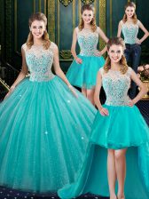  Four Piece Aqua Blue Ball Gowns High-neck Sleeveless Tulle Floor Length Zipper Lace Sweet 16 Dress