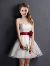  Champagne Organza Lace Up Quinceanera Court Dresses Sleeveless Mini Length Lace and Hand Made Flower