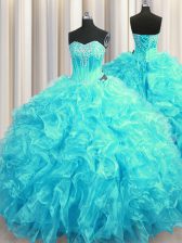Beautiful Aqua Blue Vestidos de Quinceanera Military Ball and Sweet 16 and Quinceanera with Beading and Ruffles Sweetheart Sleeveless Brush Train Lace Up