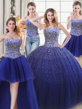  Four Piece Royal Blue Ball Gowns Beading 15 Quinceanera Dress Lace Up Tulle Sleeveless Floor Length