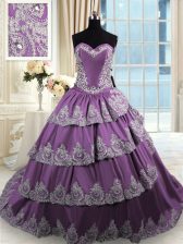  Beading and Appliques and Ruffled Layers 15th Birthday Dress Purple Lace Up Sleeveless With Train