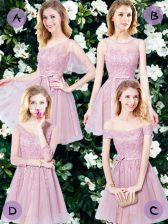 High Quality Pink Empire Appliques and Belt Dama Dress for Quinceanera Lace Up Tulle Sleeveless Mini Length