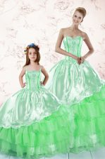 Hot Selling Embroidery and Ruffled Layers Quinceanera Dress Green Lace Up Sleeveless Floor Length