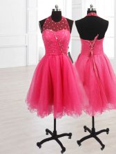 Beautiful Hot Pink High-neck Lace Up Sequins Sleeveless