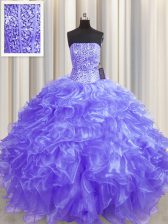 Trendy Visible Boning Floor Length Lace Up 15th Birthday Dress Lavender for Military Ball and Sweet 16 and Quinceanera with Beading and Ruffles