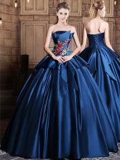Fantastic Navy Blue Satin Lace Up Strapless Sleeveless Floor Length Quinceanera Dress Appliques
