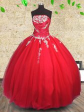  Strapless Sleeveless Tulle Sweet 16 Dress Appliques and Ruching Lace Up