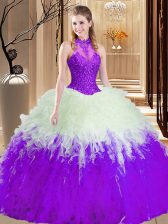 Vintage White And Purple High-neck Lace Up Lace and Appliques and Ruffles Quince Ball Gowns Sleeveless