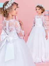 Edgy White Clasp Handle Scoop Lace and Bowknot and Belt Toddler Flower Girl Dress Tulle 3 4 Length Sleeve Brush Train