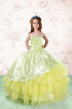 Hot Selling Light Yellow Ball Gowns Organza Spaghetti Straps Sleeveless Lace and Ruffled Layers Floor Length Lace Up Little Girl Pageant Gowns