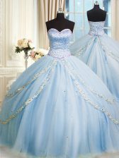 Ideal Baby Blue Sleeveless With Train Beading and Appliques Lace Up 15 Quinceanera Dress