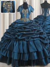  Sleeveless With Train Beading and Appliques and Pick Ups Lace Up Vestidos de Quinceanera with Teal Brush Train