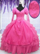  Hot Pink Organza Lace Up Quinceanera Gowns Long Sleeves Floor Length Beading and Embroidery and Hand Made Flower