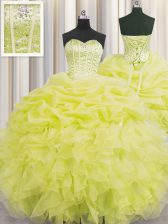  Visible Boning Yellow Sleeveless Floor Length Beading and Ruffles and Pick Ups Lace Up Vestidos de Quinceanera