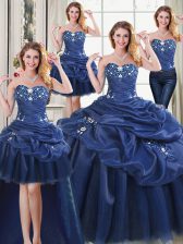 Luxury Four Piece Navy Blue Sweetheart Neckline Appliques Quinceanera Gowns Sleeveless Lace Up