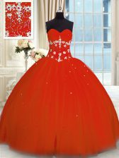 Customized Floor Length Red Quinceanera Dress Tulle Sleeveless Appliques