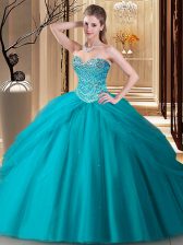 Trendy Teal Sweetheart Neckline Beading 15 Quinceanera Dress Sleeveless Lace Up