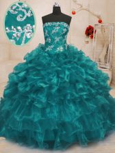Wonderful Strapless Sleeveless Sweet 16 Dresses Floor Length Beading and Appliques and Ruffles Turquoise Organza