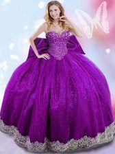  Eggplant Purple Ball Gowns Beading and Lace and Bowknot Quinceanera Gown Lace Up Taffeta Sleeveless Floor Length