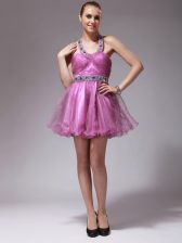  Halter Top Sleeveless Zipper Evening Dress Rose Pink Organza